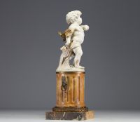 ‘Amour et son arc’ (Love and his bow) Sculpture in white biscuit and gilded bronze on a gilded marble column, patinated bronze base, 18th century.