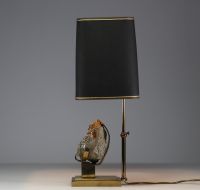 Willy DARO (XX) - Lampe en laiton et quartz, abat jour noir d'origine, vers 1970-80.