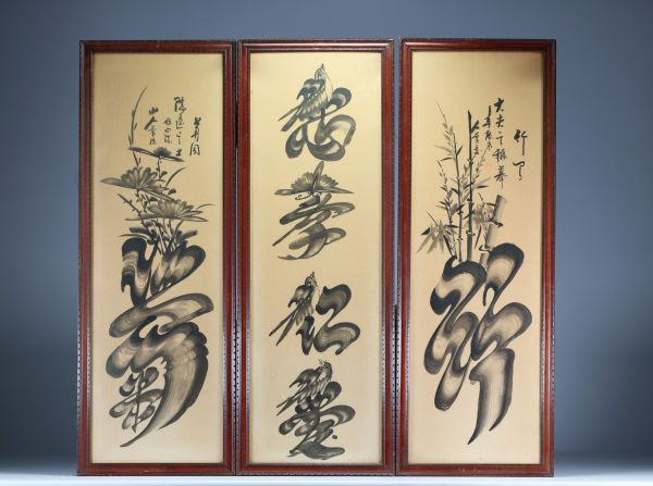 Chine - Ensemble de trois calligraphies à l'encre sur papier, début XXe siècle.