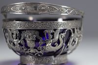 Empire style silver openwork basket, cobalt blue glass bowl, 19th century.