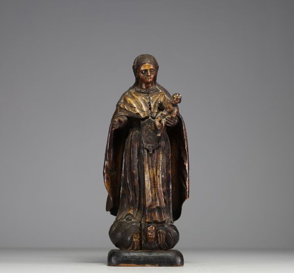 Vierge à l'enfant en bois sculpté polychrome, yeux en verre, travail méridional, XVIIème