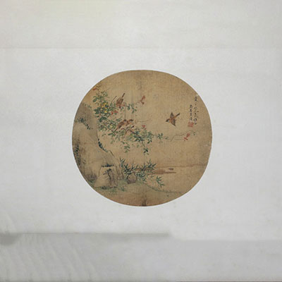 China - Fan painting on silk, birds, poem and stamp, 19th century.