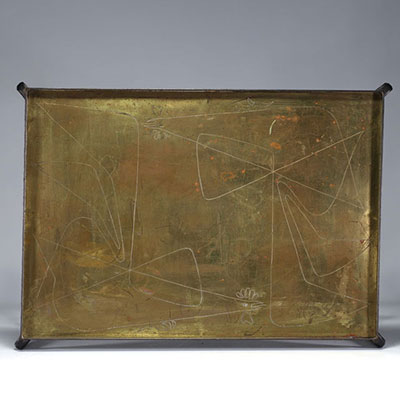 Coffee table, engraved copper top with stylised cockerel motif, hammered iron base, circa 1950-60.