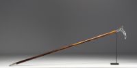 Cane with an Art Nouveau motif, shaft in fine wood, solid silver knob decorated with a woman in bloom.