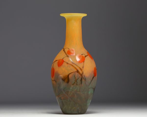 DAUM Nancy - Rare vase en verre multicouche dégagé à l'acide à décor gravé et émaillé de Physalis, signé.