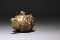 China - Lotus-shaped green/brown jade teapot, frog-shaped fretel.