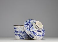 China - White-blue porcelain covered pot with Qilin decoration.