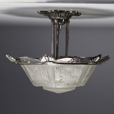 MULLER Frères Lunéville - Art Deco ceiling light in nickel-plated bronze, hexagonal dome in sandblasted glass, signed.