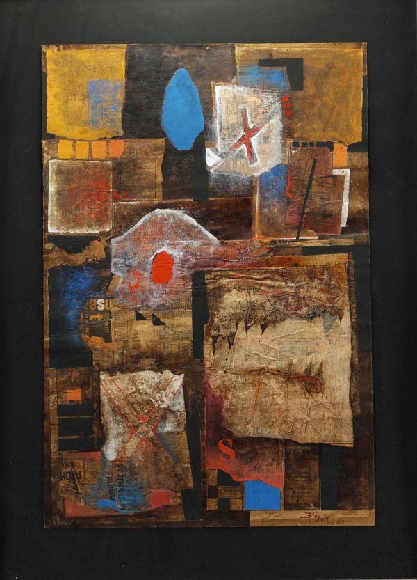 A. SOYEUR (20th century) Mixed media, collage of newspaper cuttings, gouache and tempera, signed and dated 1980.