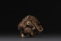 Japan - Ivory and black coral netsuke representing a group of six rats, Meiji. Signed.