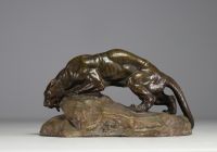 Armand FAGOTTO (19th-20th century) ‘Lionne s'abreuvant’ Sculpture in patinated terracotta, 19th-20th century, signed.