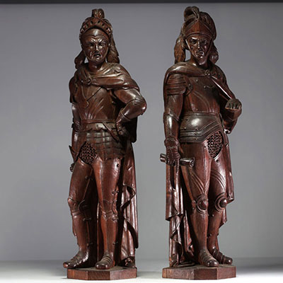 ‘The Conquistadores’ Imposing pair of carved oak statues, probably Spain, 19th century.