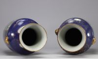 Large pair of blue powdered porcelain vases decorated with scenes of life from the 19th century