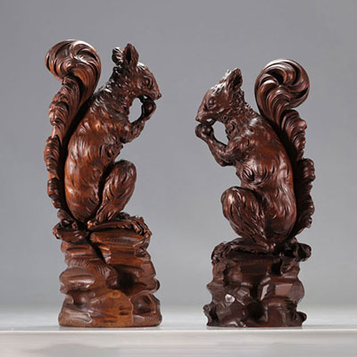 (2) Pair of walnut squirrels, black forest work