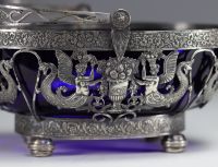 Empire style silver openwork basket, cobalt blue glass bowl, 19th century.