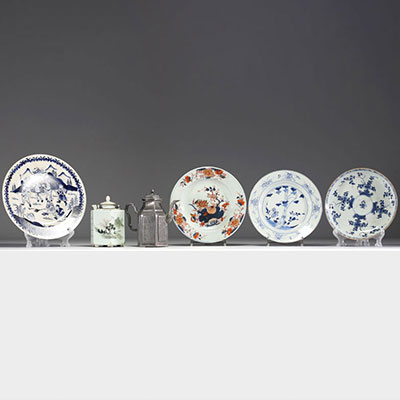 China - Set of a teapot, four porcelain plates and a pewter teapot.