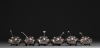 China - Set of twelve solid silver salt cellars with dragon decoration, early 20th century.