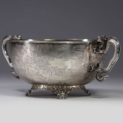 Hung Chong & Cie, large solid silver bowl with engraved landscape decoration, dragon-shaped handles, over 100 years old