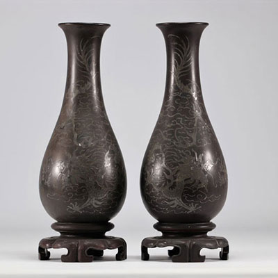 Pair of Fuzhou lacquer vases decorated with silver dragons