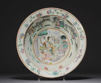 China - Pair of Famille Rose porcelain dishes decorated with figures, flowers and bats.