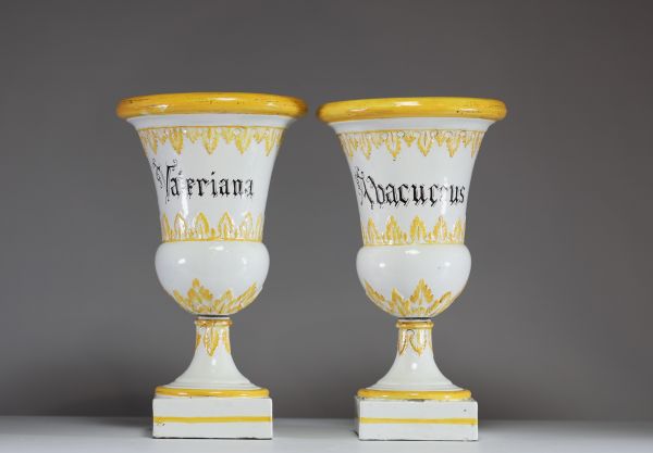 Paire de vases Médicis en céramique vernissée à décor floral en relief et d'écriture latine, fin XVIIIème.