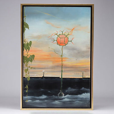 Oil on panel depicting the sea with a blue sky, from the Belgian surrealist school of the 1970s