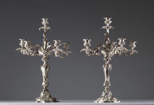 A pair of Louis XV style silver-plated bronze candelabras, 19th century.