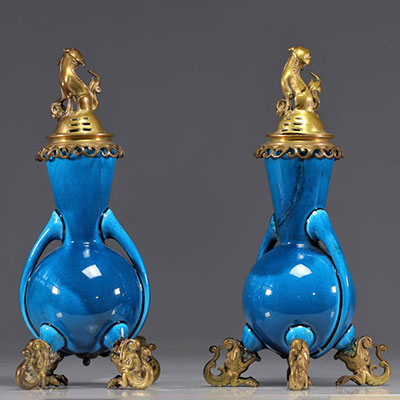 (2) LONGWY pair of blue monochrome vases with Asian-style bronze mounts from 19th century