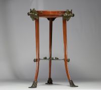 Louis MAJORELLE (1859-1926) Beautiful mahogany pedestal table decorated with water lilies in green patinated bronze.
