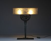 Marius SABINO (1878-1961) Art Deco pressed moulded glass table lamp with stylised decoration, hammered metal base, signed Sabino Paris N°4650.