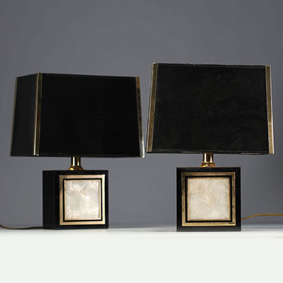 Pair of lamps with lacquer and mother-of-pearl decoration, gilded brass in the Maison Charles style, circa 1970-80.