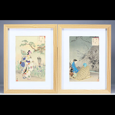 Japon - Ensemble de deux estampes sur papier représentant des élégantes à la promenade.