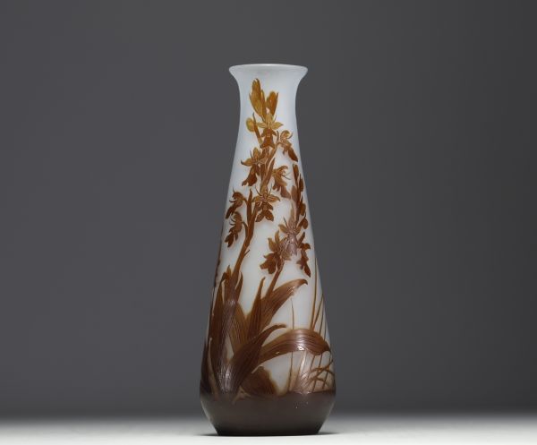 Émile GALLÉ (1846-1904) Vase en verre multicouche dégagé à l'acide décor d'orchidées, signé. orchidée