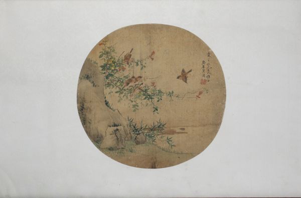 China - Fan painting on silk, birds, poem and stamp, 19th century.