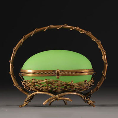 A Napoleon III period egg-shaped jewellery box in green opaline Palais Royal with brass mount.