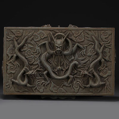 China - Patinated brass cigar box decorated with dragons.