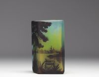 DAUM Nancy - Quadrangular vase in acid-etched multi-layered glass with landscape design.