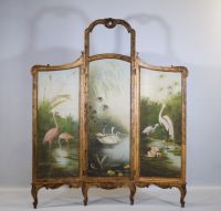 Three-leaf screen decorated with oil paintings of waders, swans, egrets and pink flamingos, late 19th century.