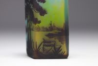 DAUM Nancy - Quadrangular vase in acid-etched multi-layered glass with landscape design.