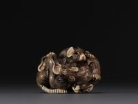 Japan - Ivory and black coral netsuke representing a group of six rats, Meiji. Signed.