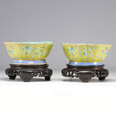 Pair of Famille Rose porcelain bowls decorated with flowers on a yellow background from 19th century