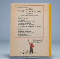 Les Aventures de Tintin - Le Trésor de Rackham le Rouge - 1ère Edition couleur de 1945, 4ème plat A24, pages de garde bleu foncé, dos jaune.