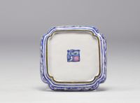 China - set of cloisonné trays and goblets with white-blue decoration of rural scenes and figures, Qing period.