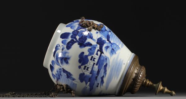 China - Blue and white porcelain vase with landscape design, mounted in a 