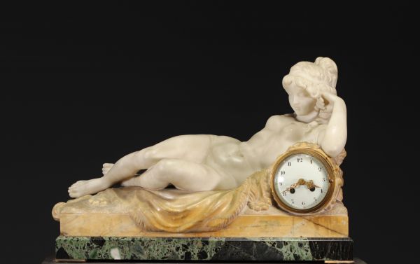 Claude-Michel CLODION (after) Rare white marble clock depicting a nude young woman, 19th century