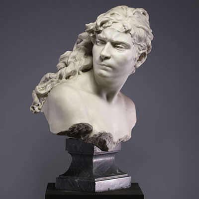 Adalberto CENCETTI (1847-1907) ‘Bust of a woman’ Carrara marble sculpture on a grey marble base, 19th century, signed on the back.