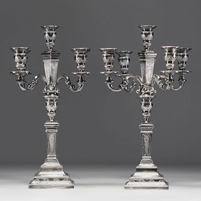 Pair of solid silver candlesticks, five points of light, hallmarks (three diamonds) on the base.