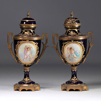 (2) Pair of Sèvres porcelain vases with ormolu mounts