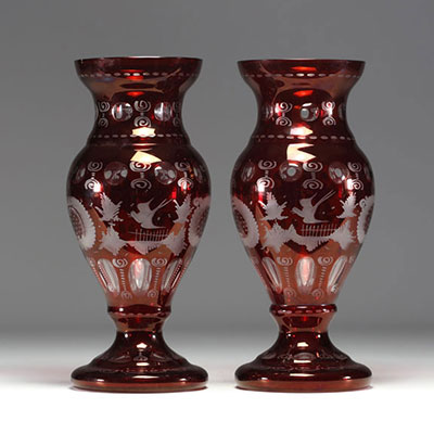 Pair of Medici-shaped garnet vases in Bohemian glassware.