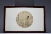 China - Elegant fan painting on silk, poem and stamp, 19th century.